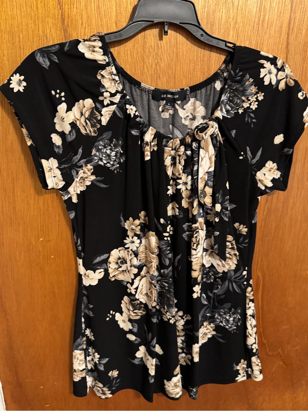 Mccoy Black Floral Tie-Neck Short Sleeve Blouse